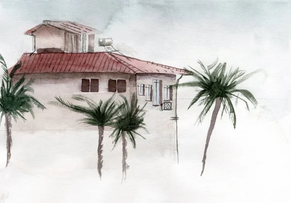 Ilustracja Akwarolor Szkic Suumer Domku Południowym Kraju Czerwonym Dachem Palmami — Zdjęcie stockowe