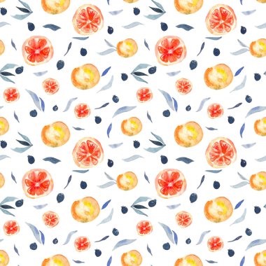 Çiğ greyfurt çilek ve yaprakları ile Dikişsiz suluboya desen. Beyaz arka planda yalıtılmış