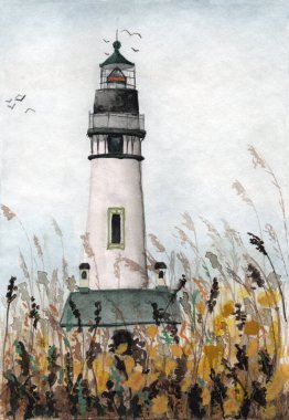 Arazide sarı karahindiba çiçekleri ve karamsar gökyüzünde kuşlar olan suluboya deniz feneri