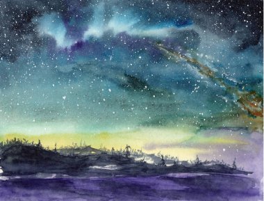 Yıldızlı bir gece gökyüzünün suluboya çizimi. İnanılmaz beyaz bulutlar, zilyonlarca yıldız ve bitkilerle dolu bir yer.