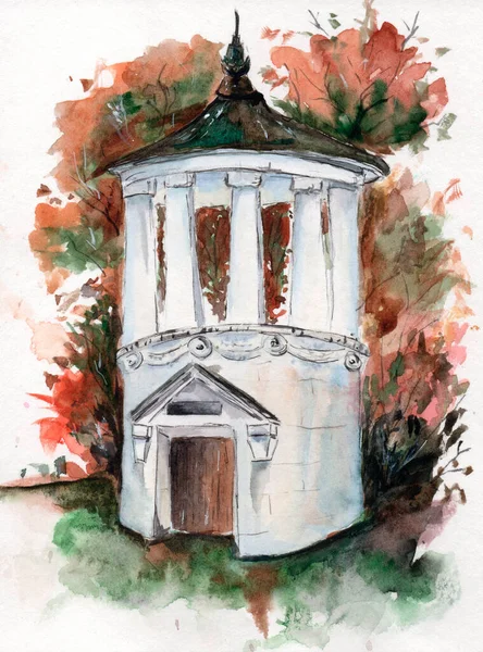 Akvarell Skiss Ett Vitt Lusthus Färgglad Höstträdgård — Stockfoto