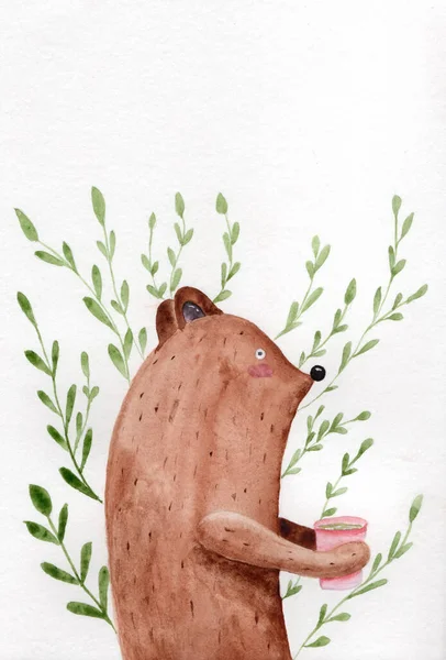 Akvarel Dárková Karta Roztomilým Hnědým Medvědem Zavěšení Růžový Šálek Zeleného — Stock fotografie