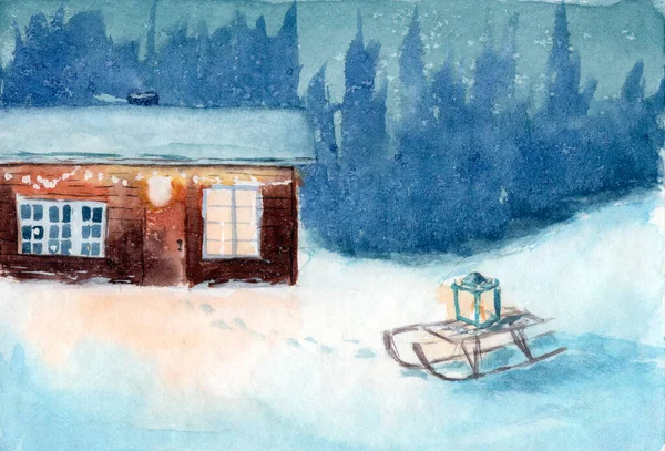 Malá Akvarel Skandinávská Dřevěná Chata Saně Lucernou Zimní Noci — Stock fotografie