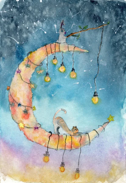 水彩画儿童明信片 上面有猫和兔子 他们坐在月亮上 点着灯 — 图库照片