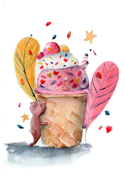 Akvarelové Ilustrace Chutnou Cukrovou Zmrzlinou Sladkostmi Objímána Čokoládovým Medvědem Pozadí — Stock fotografie