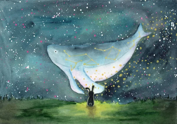 Watercolor illustration of a whale flying among the stars in the night and a little hare watching on it