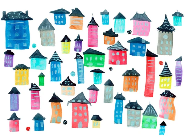 Conjunto Acuarelas Casas Dibujos Animados Diferentes Formas Colores Con Bolas —  Fotos de Stock