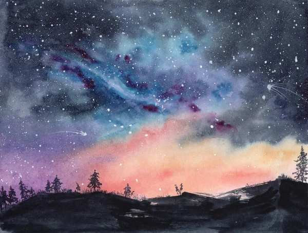 Watercolor illustration of a colorfl night starlit sky and hills with fir trees and grass