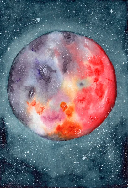 Aquarell Roter Mond Dunkelblauen Himmel Und Viele Sterne Mit Zwei — Stockfoto