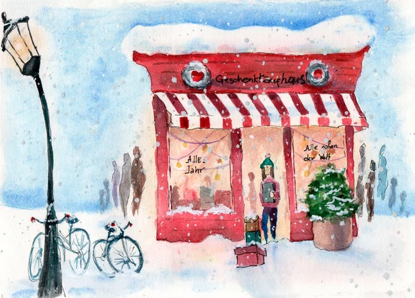 winter evening with two bicycles, a red gift shop with gernam sign \