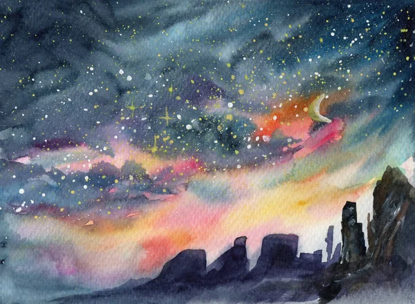 Noite Estrelada Brilhante Nublado Com Lua Meio Muitas Estrelas Coloridas — Fotografia de Stock