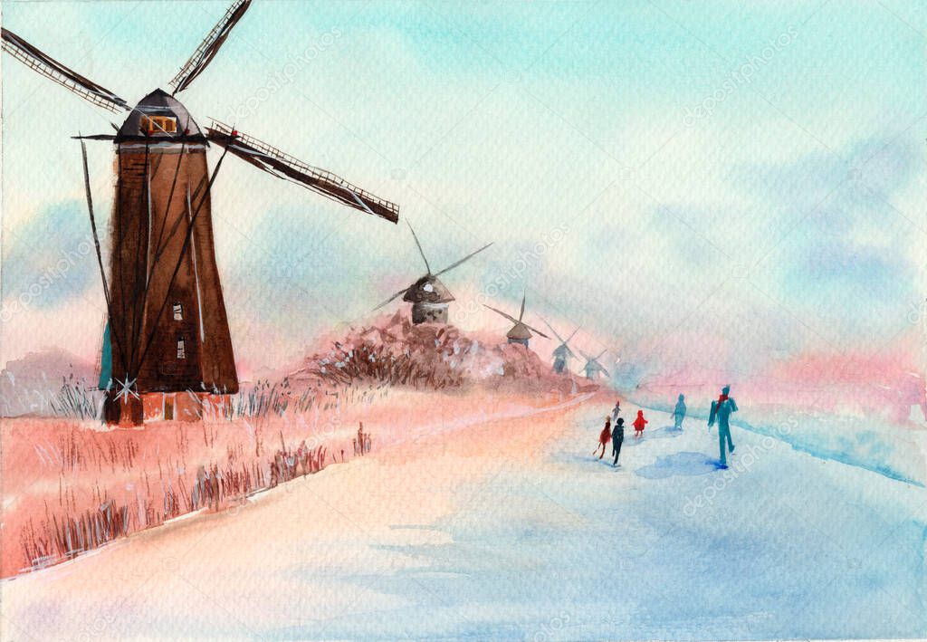 Winter windmills ans skating people on a frozen river in sunny Holland morning