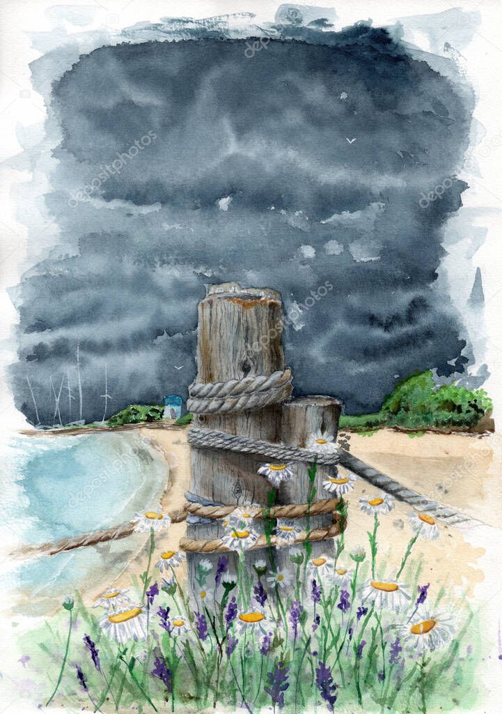 Watercolor wooden stub swathed by a rope with camomile and lavender flowers in a beach before the storm