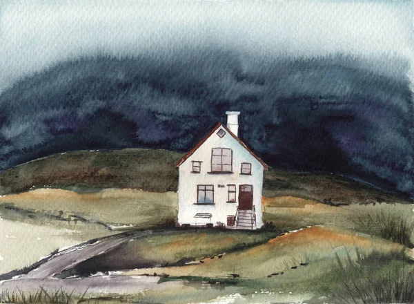 背景为多雾的山谷中一座白色孤零零的房子的水彩画 — 图库照片