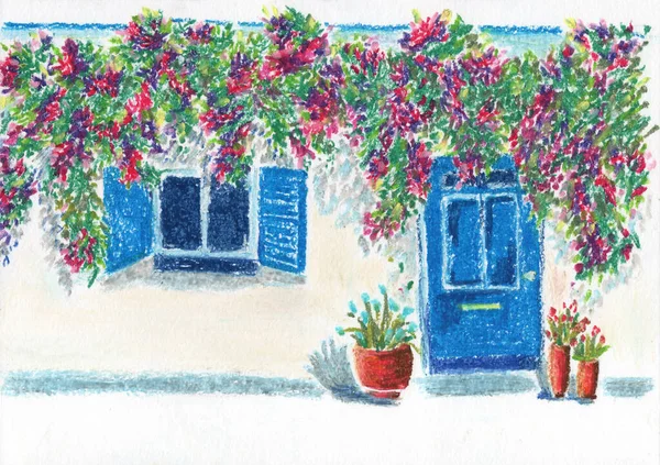 Olej Pastelový Náčrt Starého Bílého Řeckého Domu Modrým Oknem Dveřmi — Stock fotografie