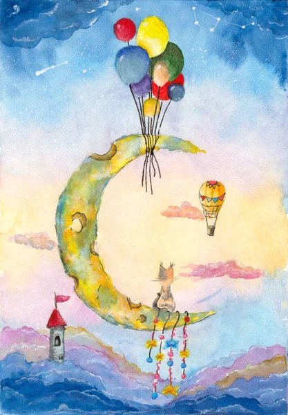 Акварельне Світанкове Небо Молодим Місяцем Маленькою Кішкою Ньому Різнокольоровими Кульками — стокове фото