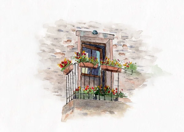 Watercolor illustration of an old house\'s balcony with wooden door, flower pots and lots of flowers