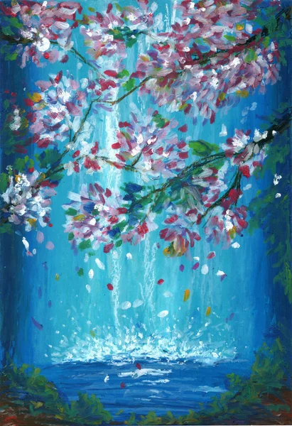 Ilustración Óleo Pastel Una Cascada Con Ramas Flores — Foto de Stock