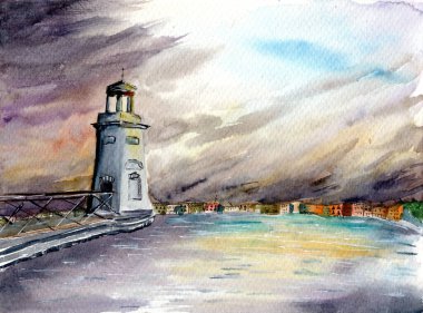 Venedik 'te bir deniz feneri, İtalya şafakta renkli evlerin önünde