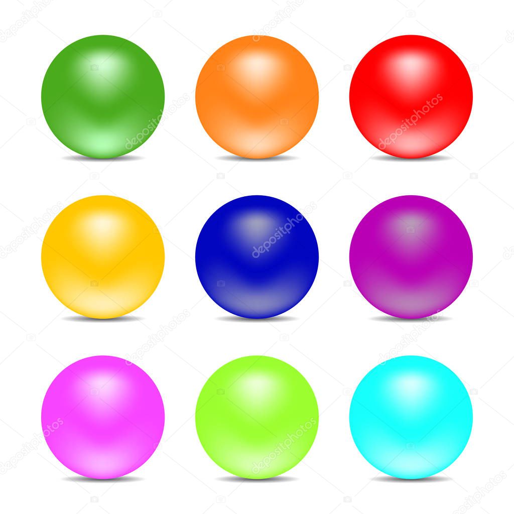 Rainbow color balls isolated on white background. Glossy spheres. Set for design elements. Vector illustration.