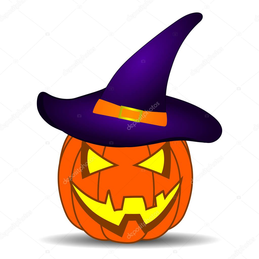 Cute Cartoon Halloween Pumpkin with funny face, isolated on white background for your Design, Game, Card. Violet witch Hat on Pumpkin. Wizard Hat. Vector illustration