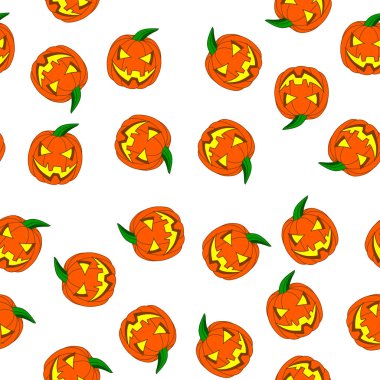 Cadılar Bayramı Balkabağı ile Seamless modeli. Sevimli çizgi film Halloween kabak ile Your tasarımı, oyun, kartı vektör çizim için komik surat.