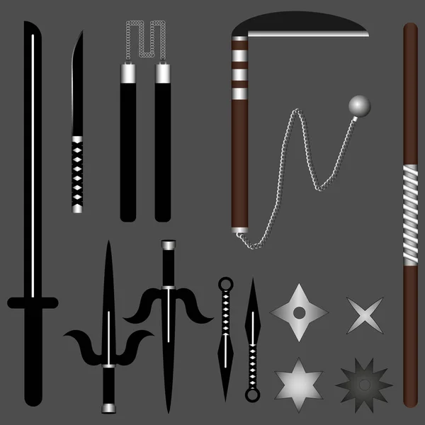 忍者武器设置为您的设计 武士刀 双节棍 苦无棒手里剑 向量例证 — 图库矢量图片