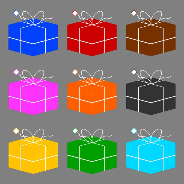 Σετ Χρωματιστά Κουτιά Δώρων Φιόγκο Που Απομονώνονται Γκρι Φόντο Εικονογράφηση — Διανυσματικό Αρχείο