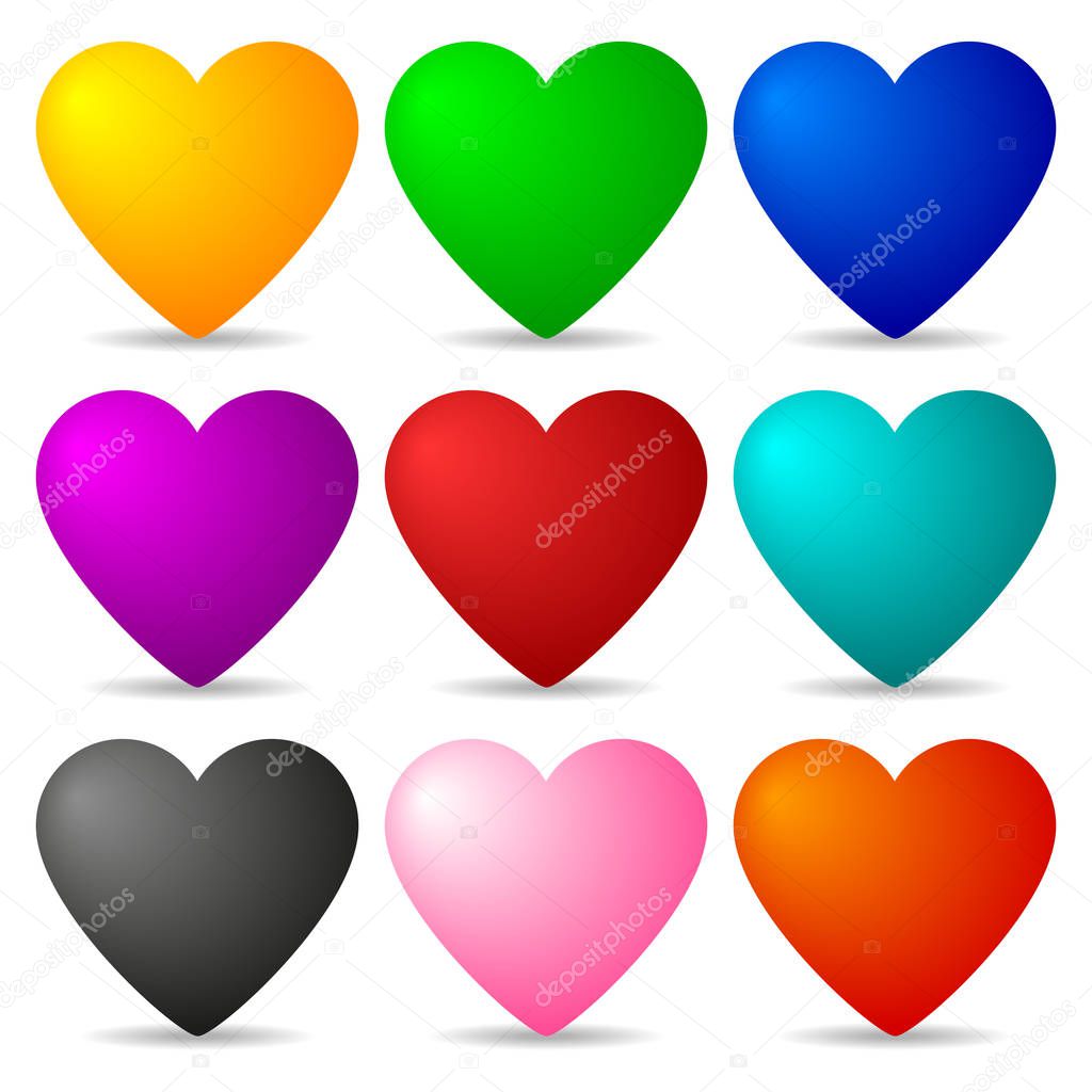 Set of Colored Hearts isolated on white background for Your Design, Game, Card. Vector Illustration.
