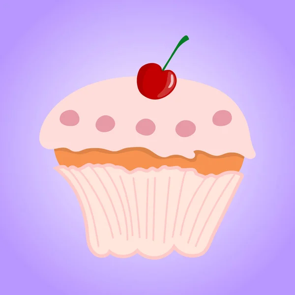 Rosa Cupcake Mit Kirsche Isoliert Auf Violettem Hintergrund Vektor Illustration — Stockvektor