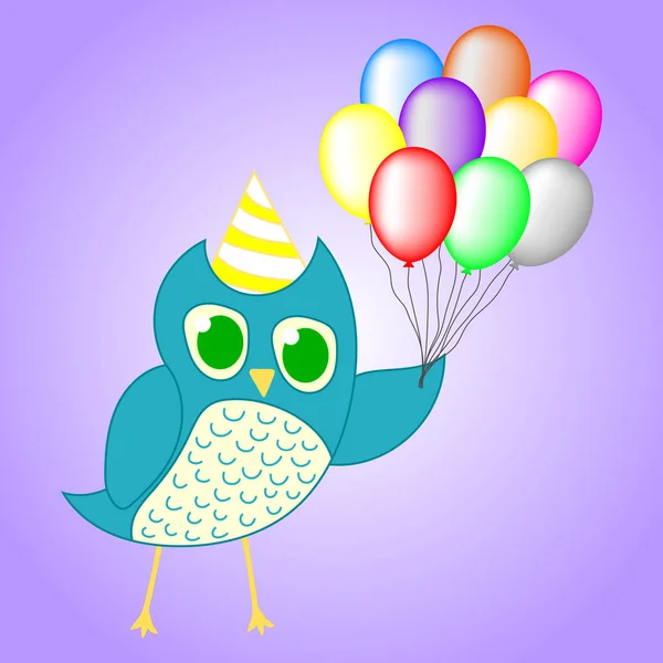 Cute Blue Owl Birthday Party Design Isolated Violet Background Vector — Stock Vector