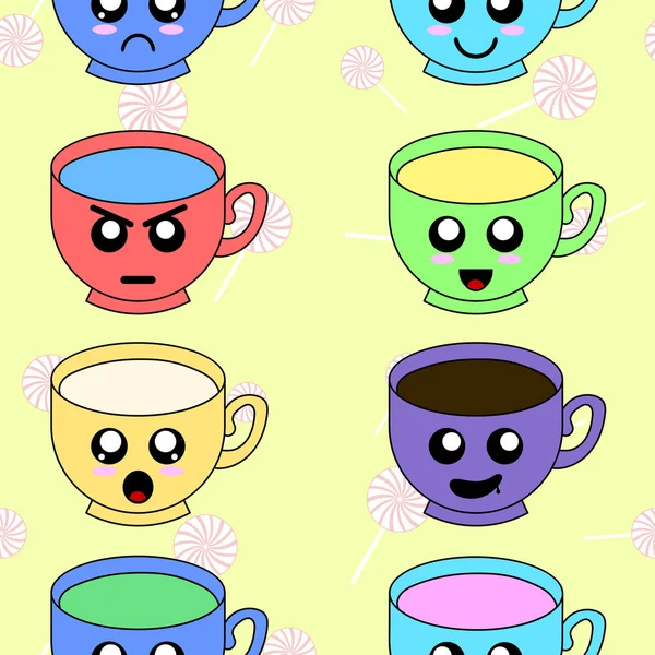 Tasse Emoticons Mit Wangen Und Augen Tassen Auf Muster Mit — Stockvektor