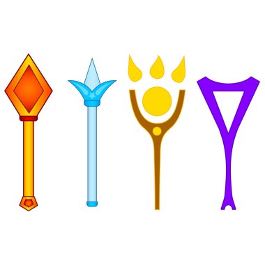 Farklı Magic Wands beyaz arka plan üzerinde izole kümesi. Fantezi sihirli silah. Vektör çizim tasarım, oyun, kart.
