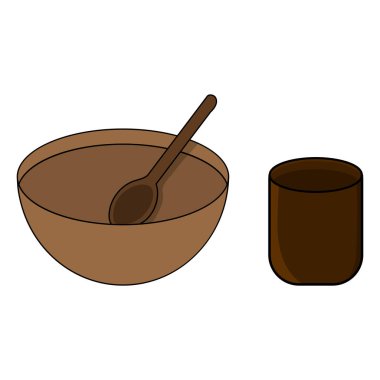 Ahşap kase, bardak ve kaşık beyaz arka plan üzerinde izole karikatür. Ortaçağ çanak çömlek macera için. Vektör çizim Your tasarımı, oyun, kartı için.