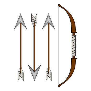 Çizgi film klasik ahşap beyaz arka plan üzerinde izole yay. Ortaçağ yay ile bilgisayar oyun tasarımı için ok. Vektör çizim Your tasarımı, oyun, kartı için.