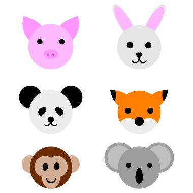 Beyaz arka plan üzerinde izole hayvan yüzleri. Domuz, tavşan, Panda, Fox, maymun, Koala. Vektör çizim tasarım, oyun, kart.