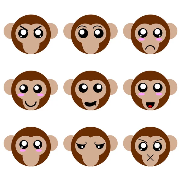 Beyaz arka plan üzerinde izole maymun gülen yüzler koleksiyonu. Farklı duygular. Vektör çizim tasarım, oyun, kart.