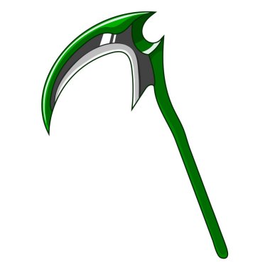 Beyaz arka plan üzerinde izole karikatür yeşil silah tırpan. Oyun tasarım ekipmanları. Ölüm aracı. Vektör çizim tasarım, oyun, kartı, Web için.