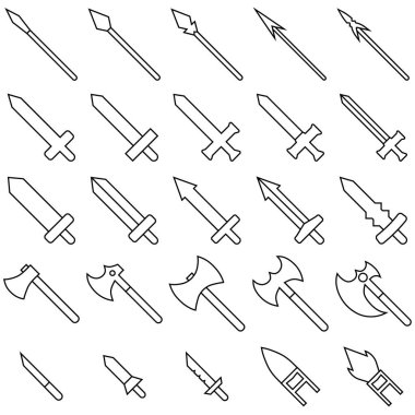 Set of 25 outline weapon icons isolated on white background. Medieval weapon silhouette. Vector illustration for your design, game, card, web. clipart