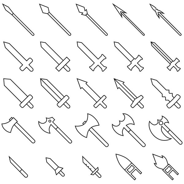 Set of 25 outline weapon icons isolated on white background. Medieval weapon silhouette. Vector illustration for your design, game, card, web.