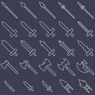 Set of 25 outline weapon icons isolated on white background. Medieval weapon silhouette. Vector illustration for your design, game, card, web. clipart