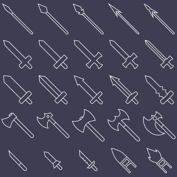 Set of 25 outline weapon icons isolated on white background. Medieval weapon silhouette. Vector illustration for your design, game, card, web.