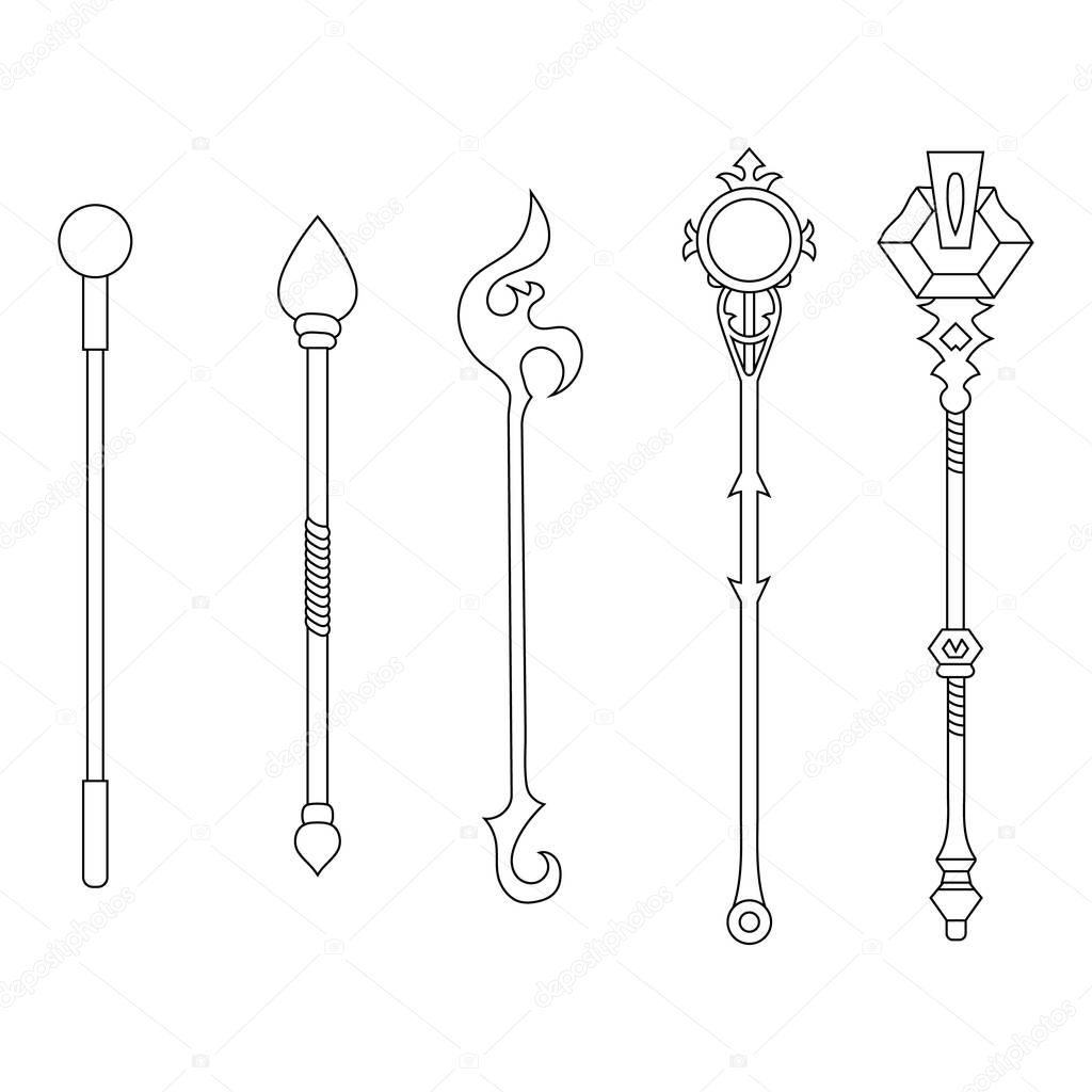 Set of Staff Icons isolated on white background. Magic Weapon. Vector Illustration for Your Design, Game, Card, Web.