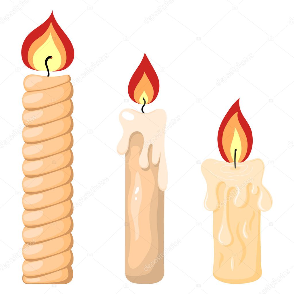Collection of Burning Candles from Paraffin Wax for Your Design. Vector Illustration isolated on white background. Cartoon Style. Holiday Elements.