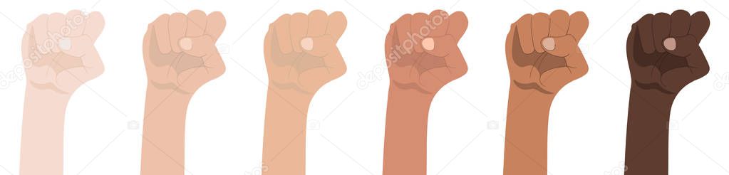 Raised Fists isolated on white background. Symbol of Unity, Revolution, Protest, Cooperation and Solidarity. Race Equality. Vector Illustration.