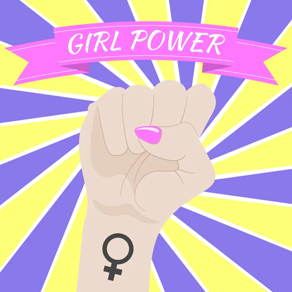Girl Power. Woman's Fist Raised Up. Female Symbol. Feminism concept. Vector Illustration.
