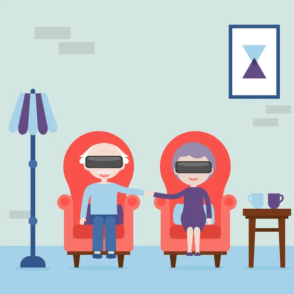 老年人在虚拟现实中感到年轻 外婆和爷爷拿着虚拟现实耳机坐在家里的扶手椅上 虚拟现实概念 向量例证 — 图库矢量图片