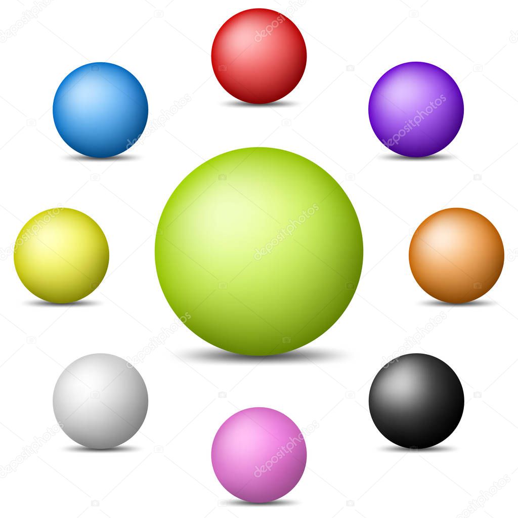 Set of Colorful Realistic Spheres isolated on white background. Glossy Shiny Spheres. Vector Illustration for Your Design.