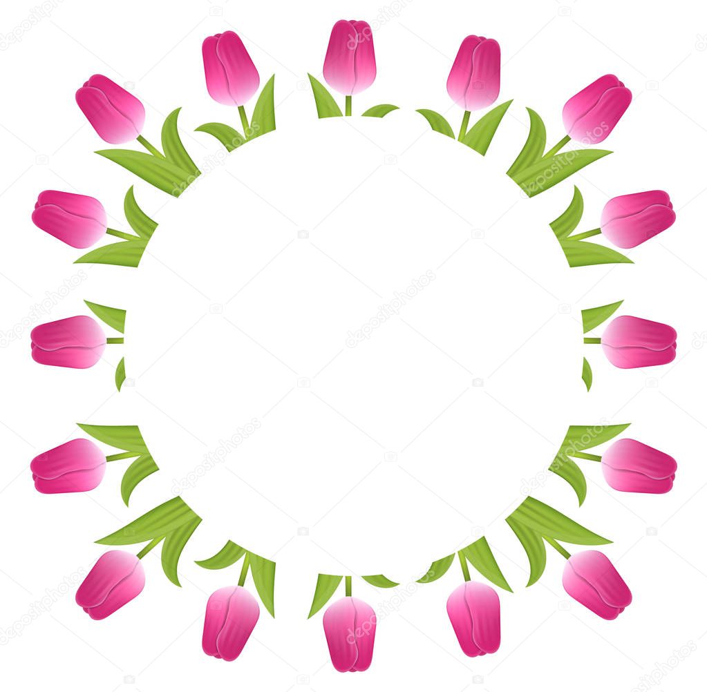 Banner Template Background with Pink Tulips. Square Frame of Tulips. Voucher, wallpaper,flyers, invitation, posters, brochure, coupon discount,greeting card. Vector illustration.