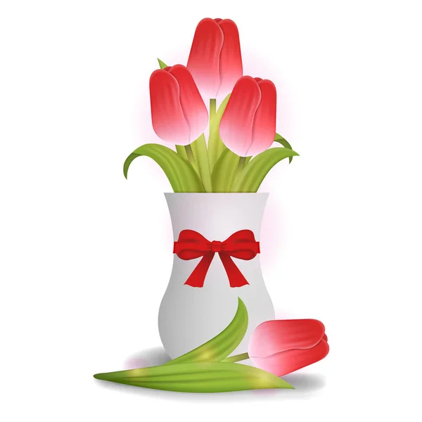 Bouquet Tulipes Rouges Dans Vase Céramique Blanche Avec Arc Rouge — Image vectorielle